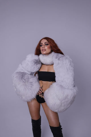 ‘3 Furs’ Sleeves with Collar – Albino Raccoon, Rabbit & Blue Fox Fur