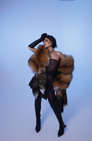 Saga Red Fox Fur Lined Stole-Coat – Luxury Fur Wrap with Slits & Detachable Tails