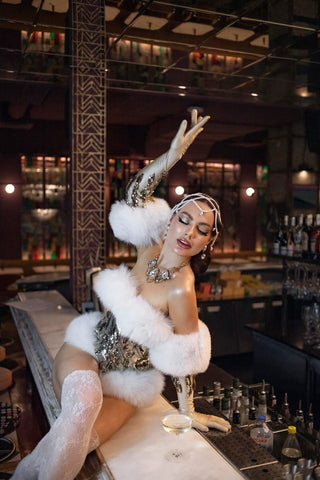 'Electric Sparkle' Golden High-Cut Corset with Plush Fox Fur
