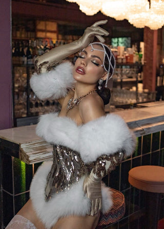 Satin Opera Gloves with Sequins & Fur Cuffs