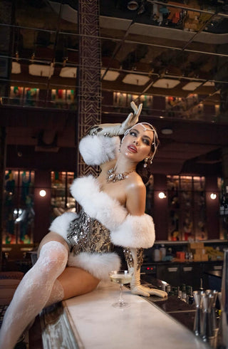 'Electric Sparkle' Golden High-Cut Corset with Plush Fox Fur
