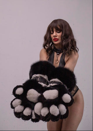 Saga Blue Fox & Rex Rabbit Fur Paws with Leather Belts - Long Arm-Length Gloves