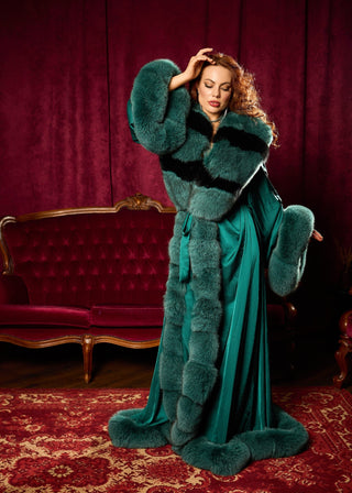 Luxury Extra-Long Silk Robe with Blue Fox Fur Trim