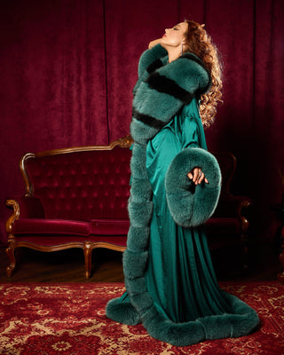 Luxury Extra-Long Silk Robe with Blue Fox Fur Trim