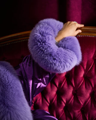 Luxury Extra-Long Silk Robe with Blue Fox Fur Trim