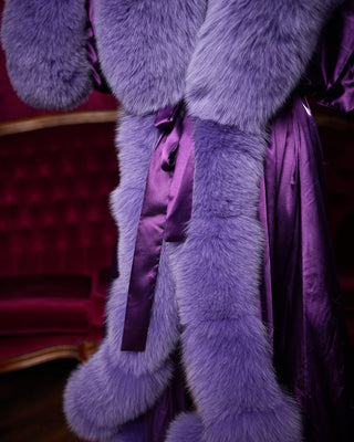 Luxury Extra-Long Silk Robe with Blue Fox Fur Trim