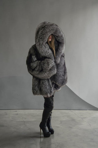 Ukranian Local Farmed Silver Fox Fur Coat With Hood