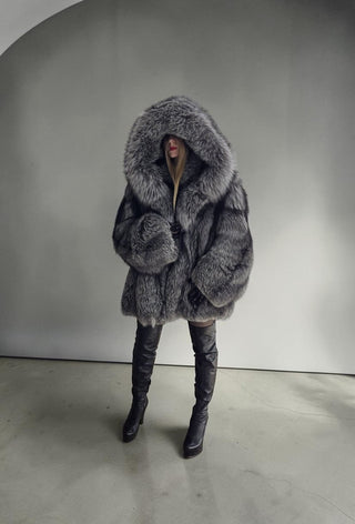 Ukranian Local Farmed Silver Fox Fur Coat With Hood