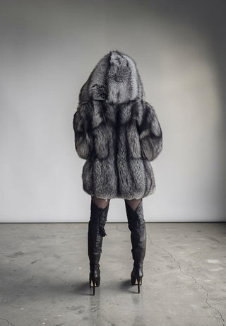 Ukranian Local Farmed Silver Fox Fur Coat With Hood