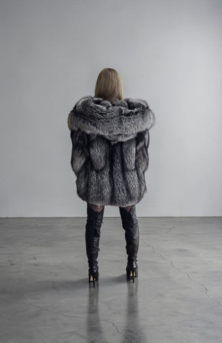 Ukranian Local Farmed Silver Fox Fur Coat With Hood