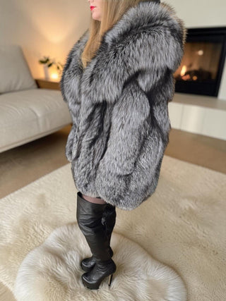 Ukranian Local Farmed Silver Fox Fur Coat With Hood