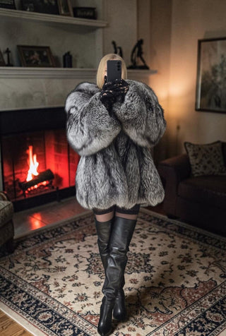 Ukranian Local Farmed Silver Fox Fur Coat With Hood