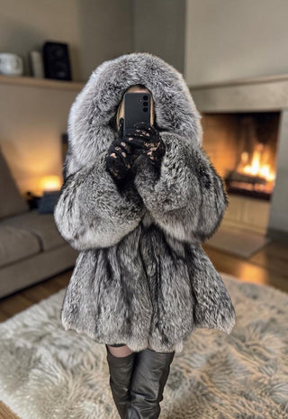 Ukranian Local Farmed Silver Fox Fur Coat With Hood