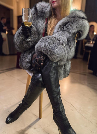Ukranian Local Farmed Silver Fox Fur Coat With Hood