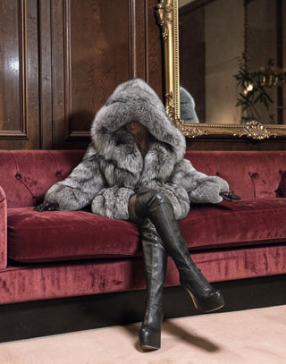 Ukranian Local Farmed Silver Fox Fur Coat With Hood