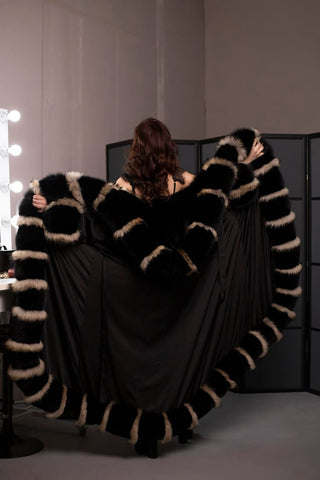 Double-Sided Fur-Trimmed Silk Robe with Full Fur Hood