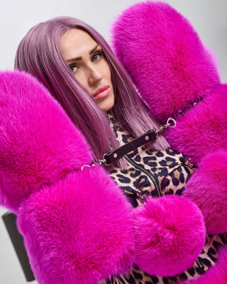 Saga Blue Fox Fur Restraint Gloves with Leather Belts