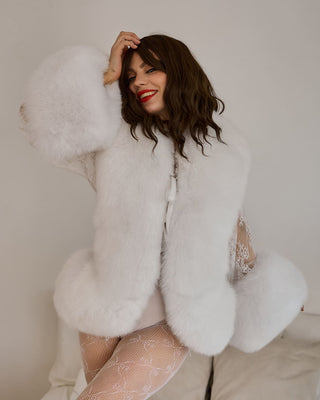 White Fur-Trimmed Lace Nightgown