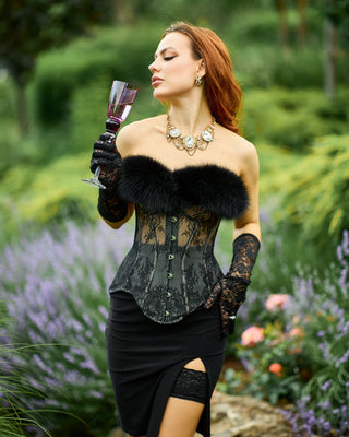 Blue Fox Fur Trimmed Lace Corset