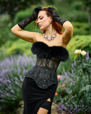 Blue Fox Fur Trimmed Lace Corset