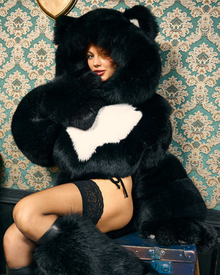 Saga Blue Fox Fur Crop Top with Bear-Style Hood – Luxury Fur Hoodie Top