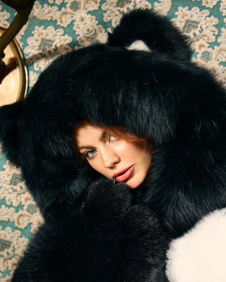 Saga Blue Fox Fur Crop Top with Bear-Style Hood – Luxury Fur Hoodie Top
