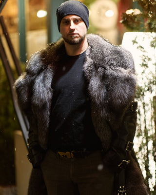 Calfskin Leather Men's Trench Coat with Blue Frost Fox Fur Lining