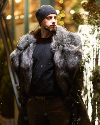 Calfskin Leather Men's Trench Coat with Blue Frost Fox Fur Lining