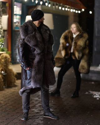 Calfskin Leather Men's Trench Coat with Blue Frost Fox Fur Lining