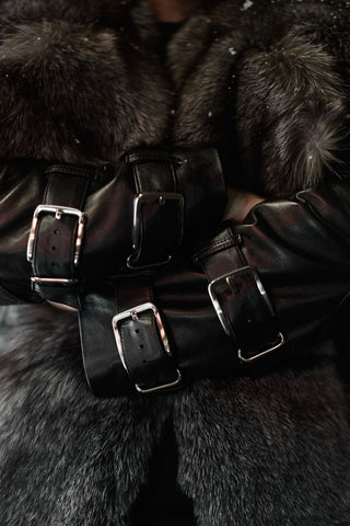 Calfskin Leather Men's Trench Coat with Blue Frost Fox Fur Lining