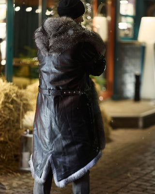 Calfskin Leather Men's Trench Coat with Blue Frost Fox Fur Lining