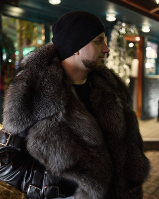 Calfskin Leather Men's Trench Coat with Blue Frost Fox Fur Lining
