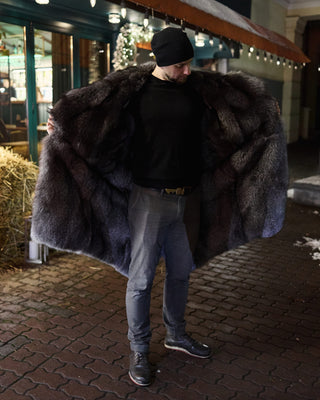 Calfskin Leather Men's Trench Coat with Blue Frost Fox Fur Lining