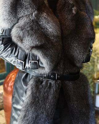 Calfskin Leather Men's Trench Coat with Blue Frost Fox Fur Lining