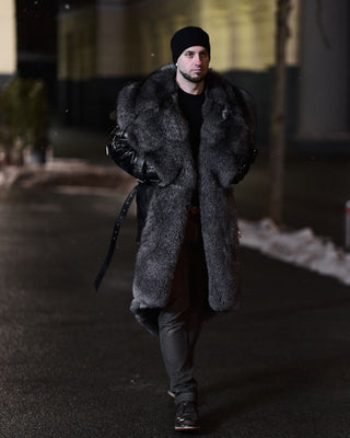 Calfskin Leather Men's Trench Coat with Blue Frost Fox Fur Lining