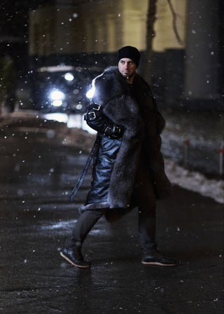 Calfskin Leather Men's Trench Coat with Blue Frost Fox Fur Lining