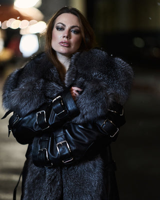 Calfskin Leather Women's Trench Coat with Blue Frost Fox Fur Lining
