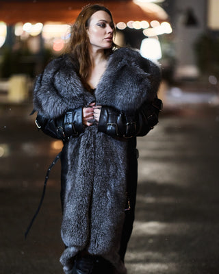 Calfskin Leather Women's Trench Coat with Blue Frost Fox Fur Lining