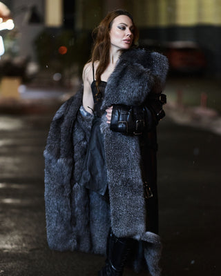 Calfskin Leather Women's Trench Coat with Blue Frost Fox Fur Lining
