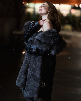 Calfskin Leather Women's Trench Coat with Blue Frost Fox Fur Lining