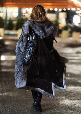 Calfskin Leather Women's Trench Coat with Blue Frost Fox Fur Lining