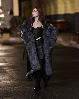 Calfskin Leather Women's Trench Coat with Blue Frost Fox Fur Lining