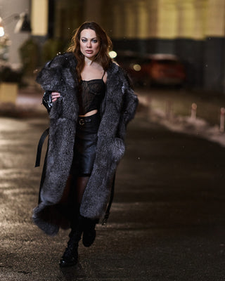 Calfskin Leather Women's Trench Coat with Blue Frost Fox Fur Lining
