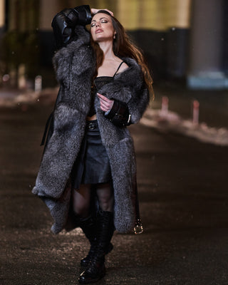 Calfskin Leather Women's Trench Coat with Blue Frost Fox Fur Lining