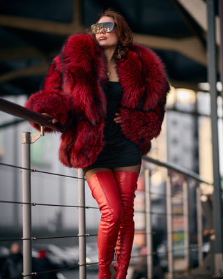 Red Dyed Silver Fox Fur Short Coat – Grunge Style Jacket with Oversized Collar