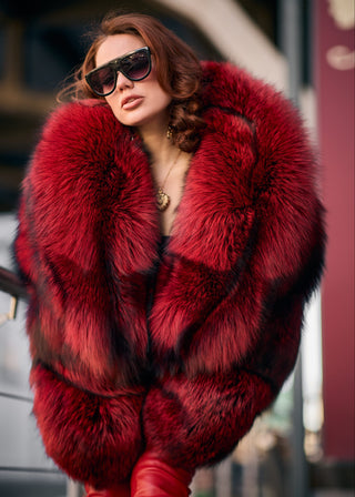 Red Dyed Silver Fox Fur Short Coat – Grunge Style Jacket with Oversized Collar