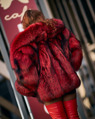 Red Dyed Silver Fox Fur Short Coat – Grunge Style Jacket with Oversized Collar