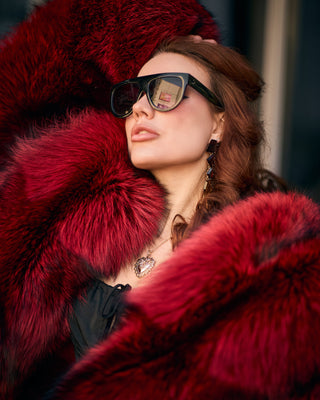 Red Dyed Silver Fox Fur Short Coat – Grunge Style Jacket with Oversized Collar