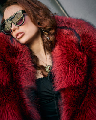 Red Dyed Silver Fox Fur Short Coat – Grunge Style Jacket with Oversized Collar