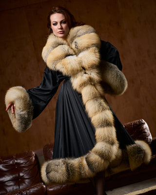Luxury Extra-Long Silk Robe with Golden Island Fox Fur Trim